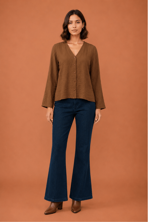 Blusa plissada manga sino chocolate  -1-